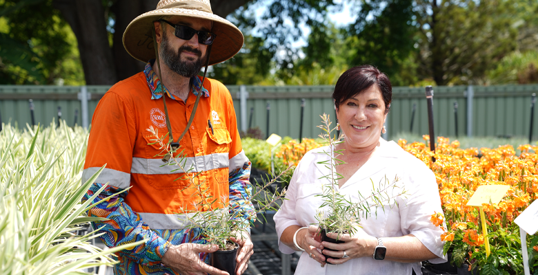 Ken Armitage Dry Tropics Nursery gardener, Josh Draper and Acting Mayor Ann-Maree Greaney inspecting the Tinaroo Bottlebrush plants ahead of the Australia Day Citizenship Ceremony.