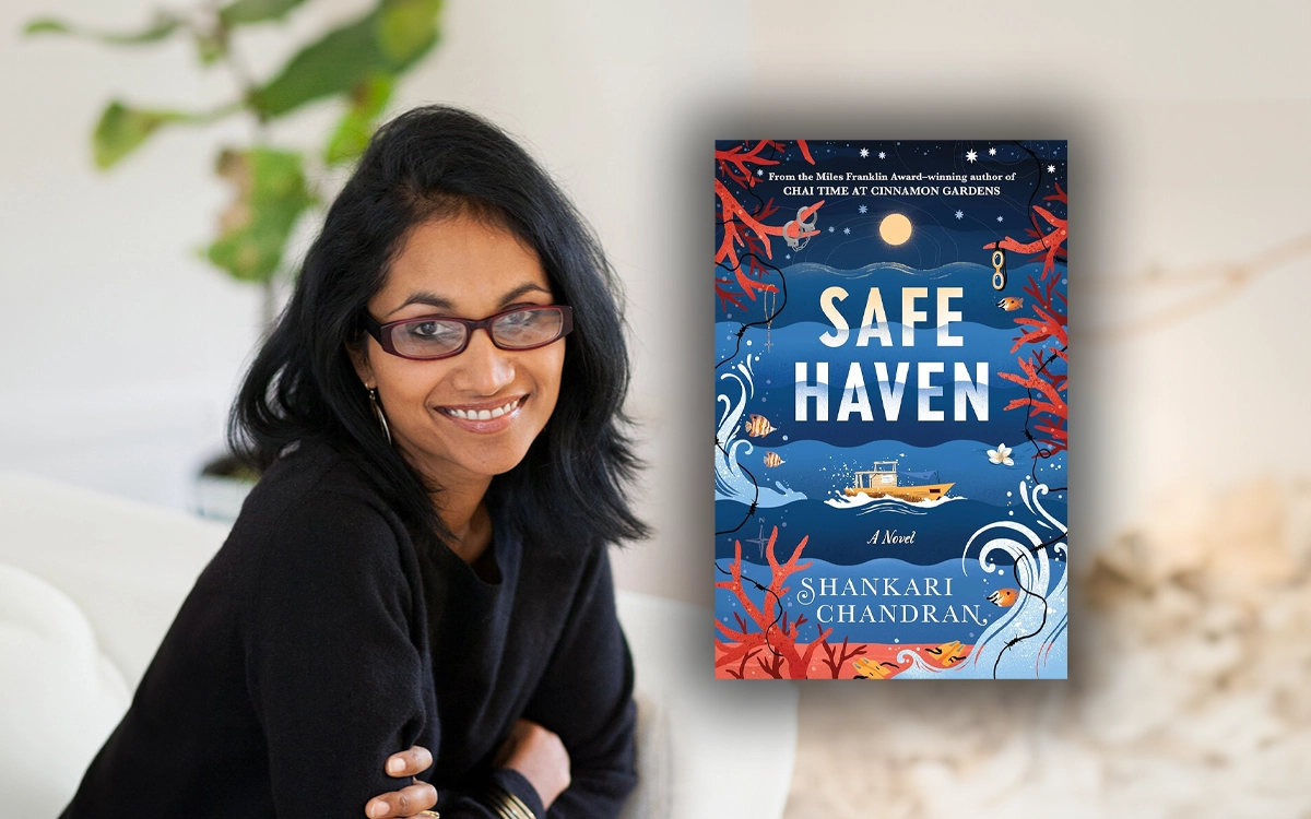 Shankari Chandran with her book Safe Haven, a novel from the Miles Franklin Award-winning author of Chai Time at Cinnamon Gardens