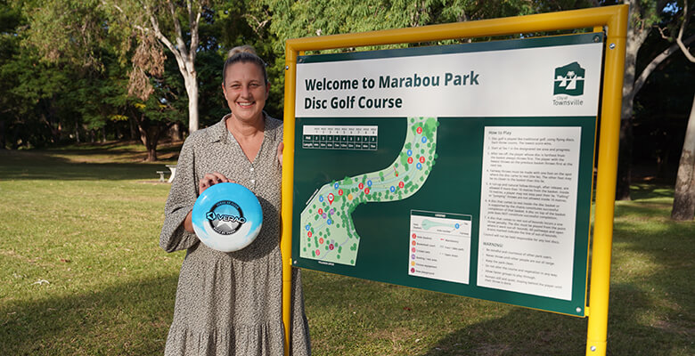 Cr Suzy Batkovic at the new Marabou Park Disc Golf Course