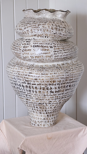 Ruby Yu-Lu Yeh Of Motherhood 2024, Stoneware Iron oxide calligraphy; sprayed glaze, 70 x 45 x 46 cm