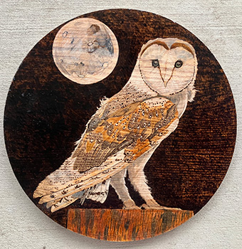 Annabel Armstrong, Barn Owl 2023, Portrait of Barn Owl, Mixed media on wood, 40 x 40 cm. Image courtesy of the artist.
